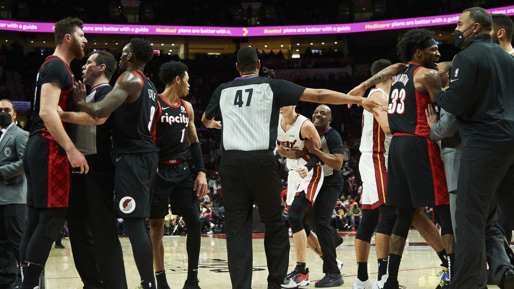 Tyler Herro And Jusuf Nurkic Got Ejected After Herro Shoved Nurkic In The Back Over A Hard Screen