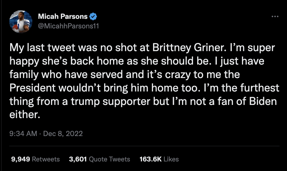 Micah Parsons Apologized After His Brittney Griner Tweets Had ‘Pass Rush Limbaugh’ Trending